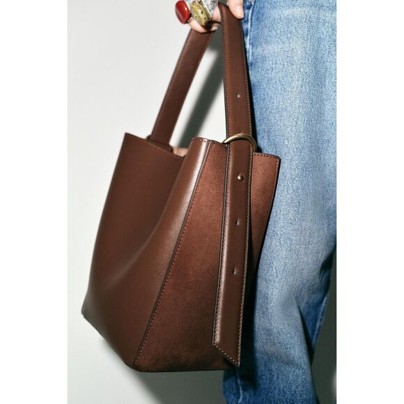 ZARA Brown Faux Leather Combination Bucket Bag - Picture 7 of 12
